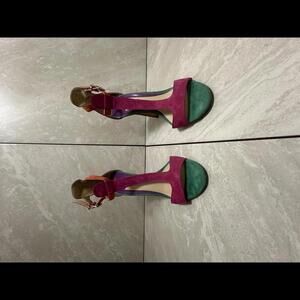 B Brian Atwood 'Leigha' multi-colored suede T-strap sandals Size 8/38.5